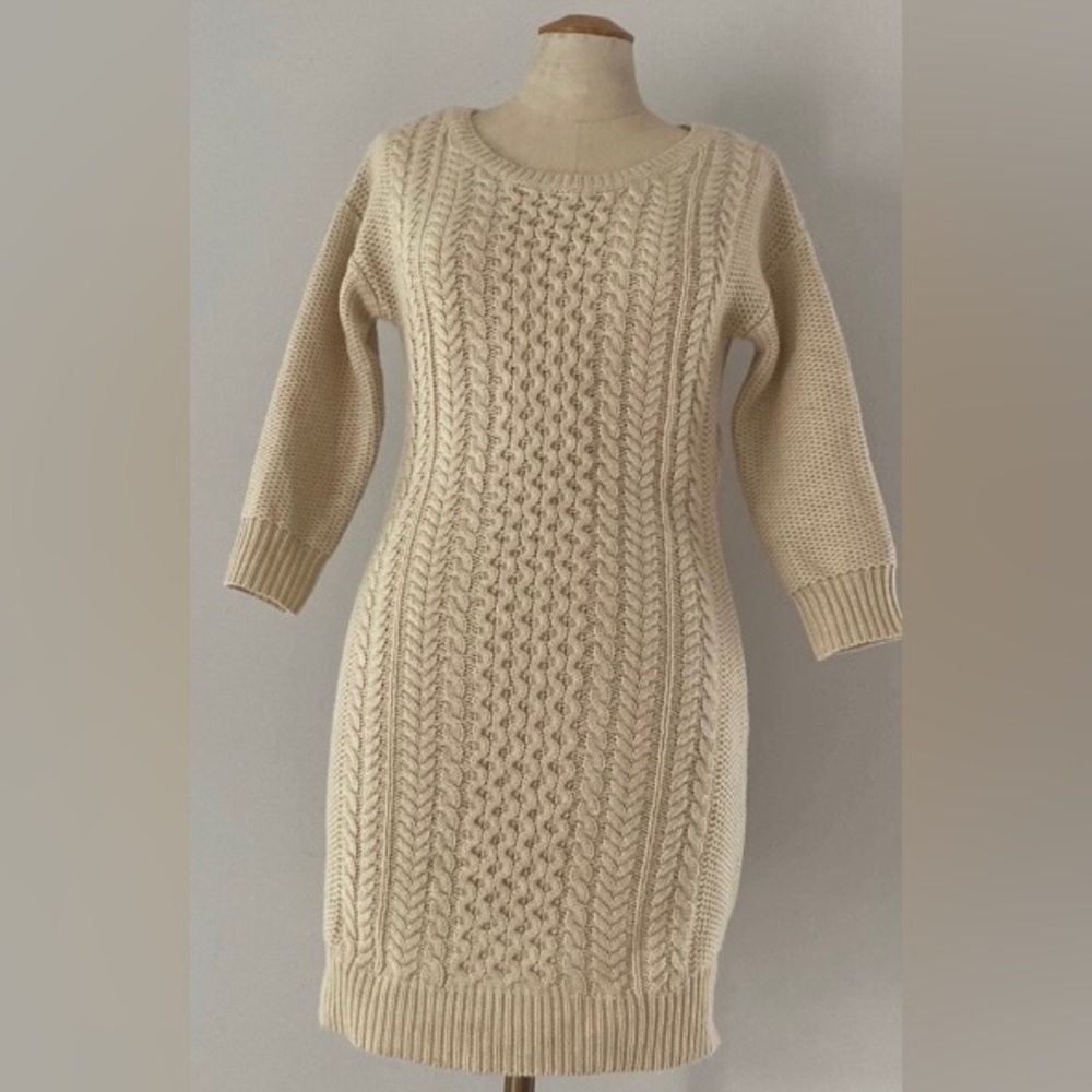 Pink Rose pale yellow cable knit sweater dress with pseudo zipper on back. S